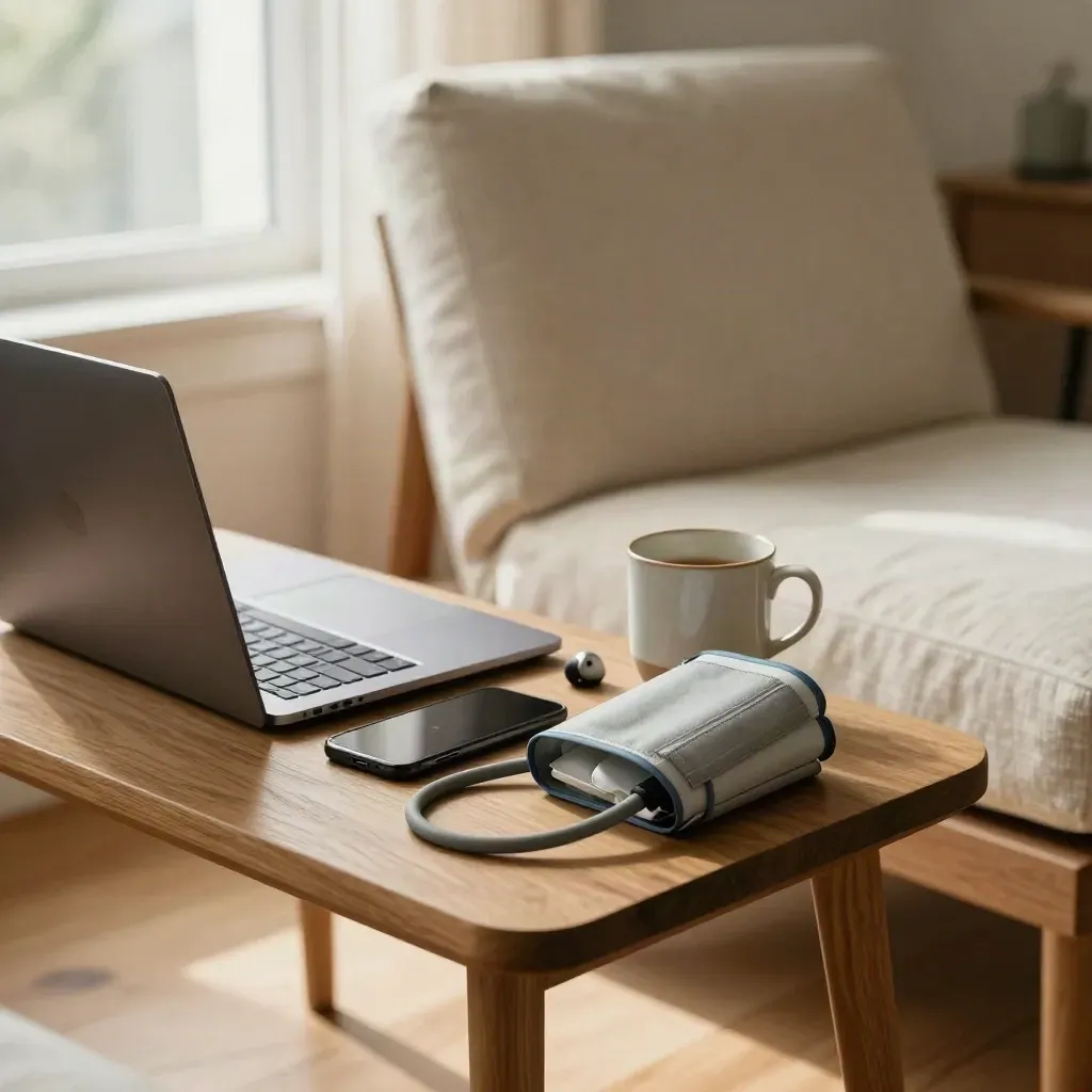 Quiet consultation corner with laptop, phone, earbuds, cuff and mug beside a lounge chair.