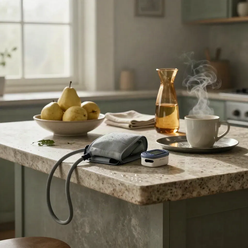 Stone wellness station with blood pressure cuff, pulse oximeter, fruit bowl and steam.
