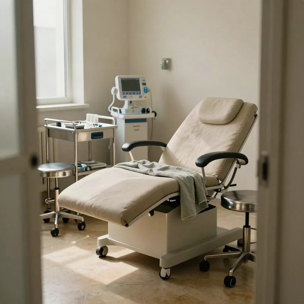 Empty clinic room with couch, stool and diagnostic trolley in soft daylight.