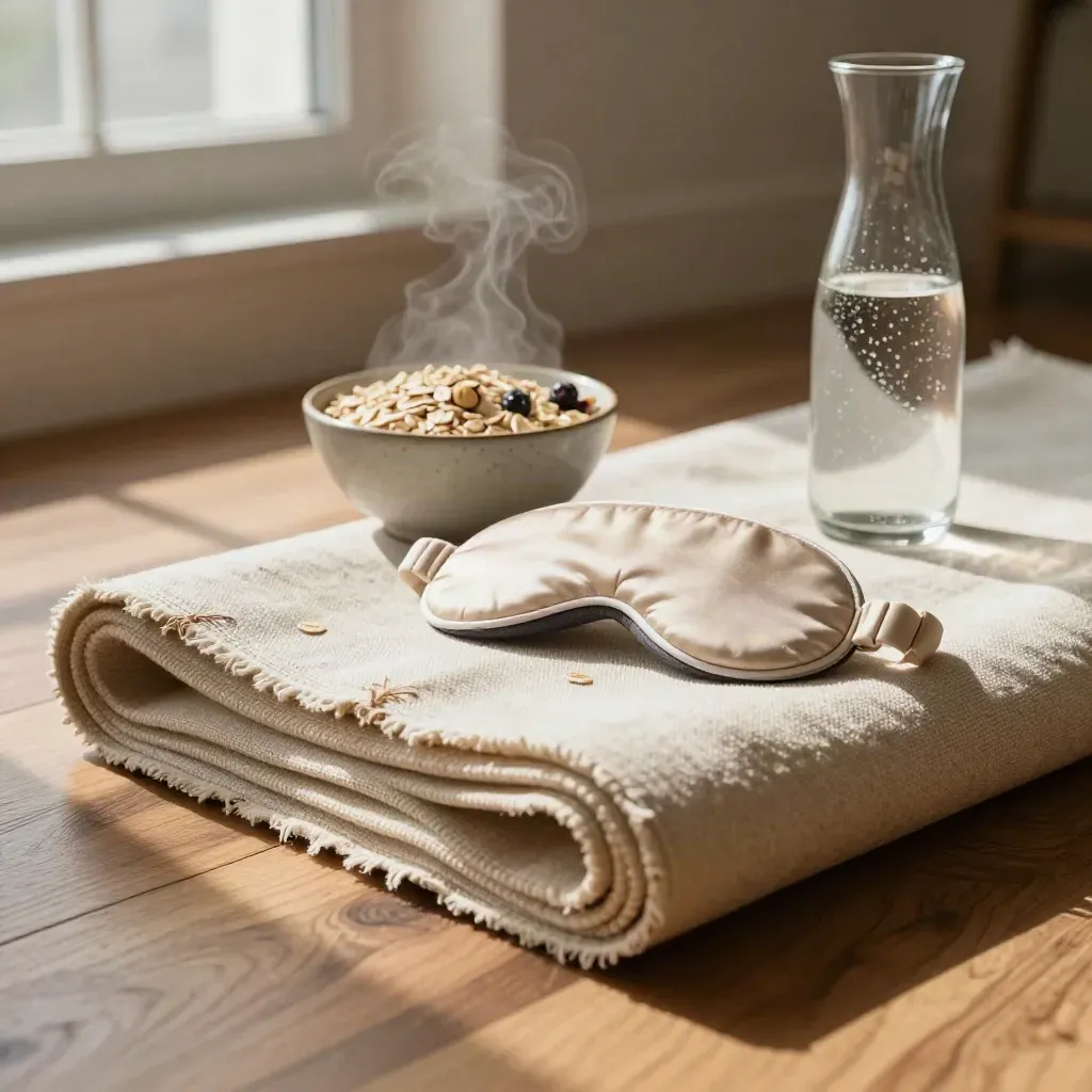 Yoga mat, sleep mask, meal bowl, and carafe on a linen bench in dramatic light.