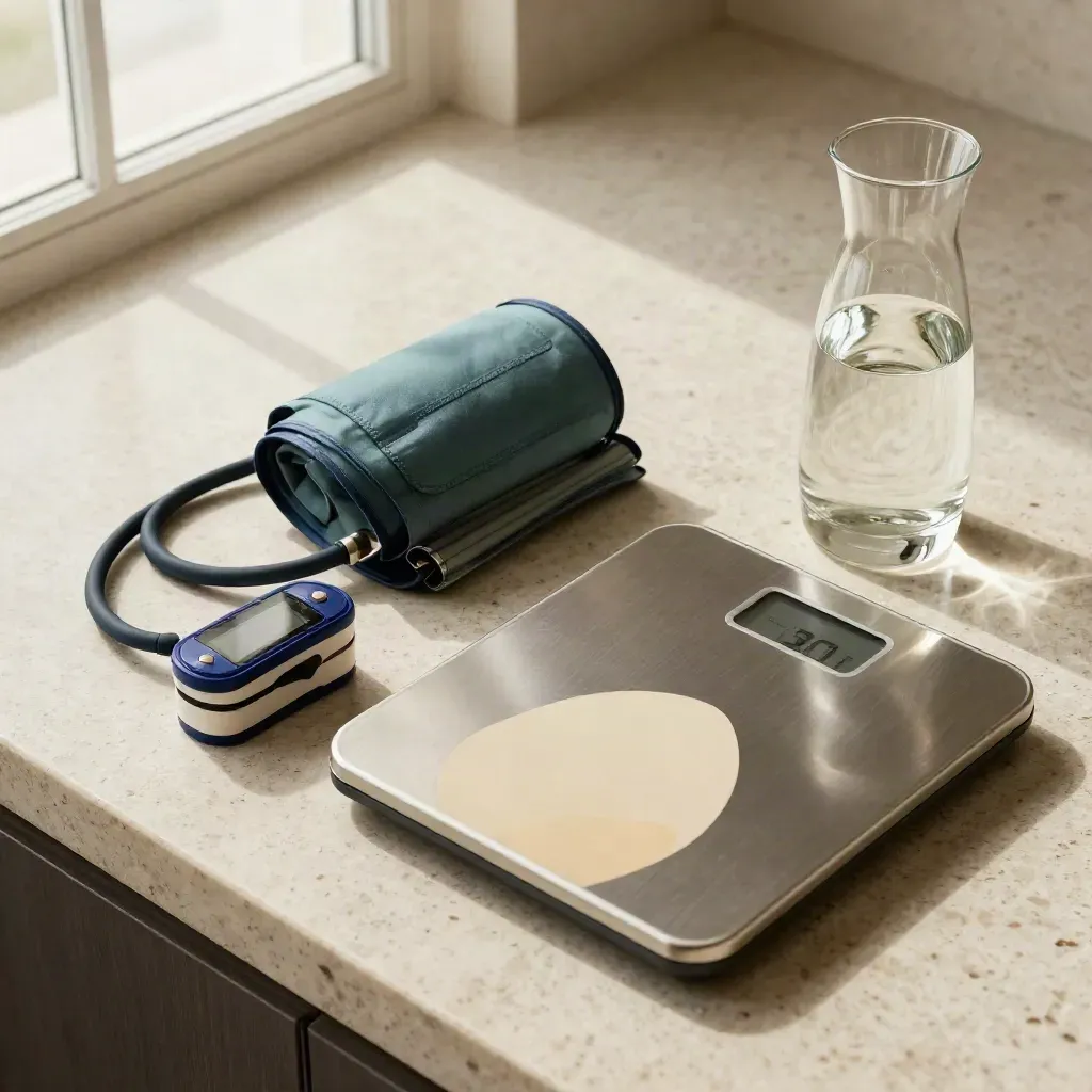 Top-down wellness still life with blood pressure cuff, pulse oximeter, scale and water carafe.