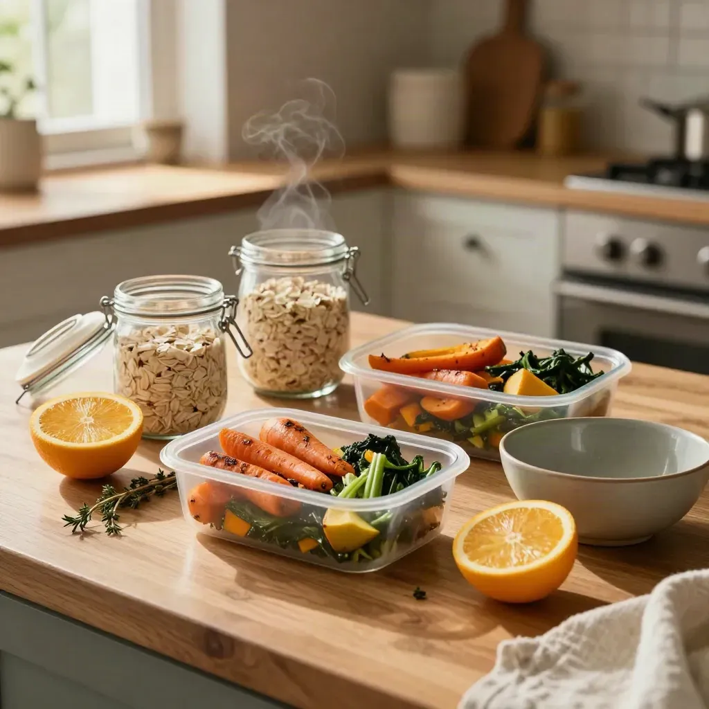 Meal-prep containers, oats jar, citrus and herbs on a warm kitchen island in soft afternoon light.