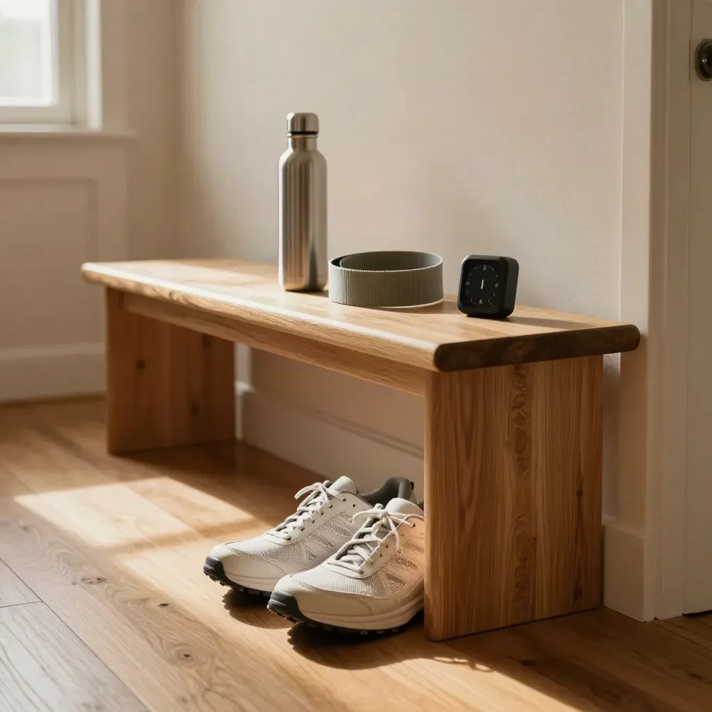 Walking shoes, water bottle, band and timer on a hallway bench in soft dawn light.