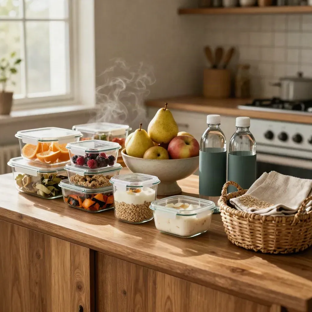 Sunlit weekly meal prep station with glass containers, fruit bowl, water bottles, and linen basket.