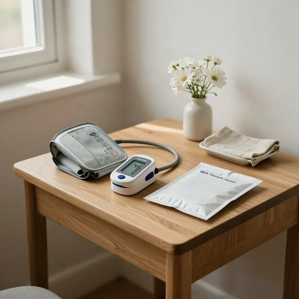 BP cuff, oximeter, sample kit and white flowers on a side table in a sunlit clinic corner.