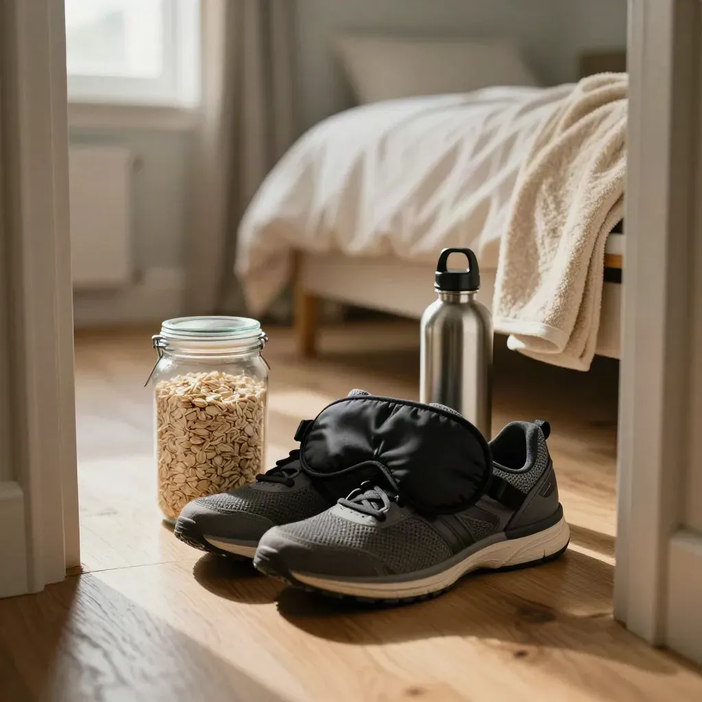 Runner recovery kit with trainers, oats, sleep mask, bottle and towel by a bedside bench