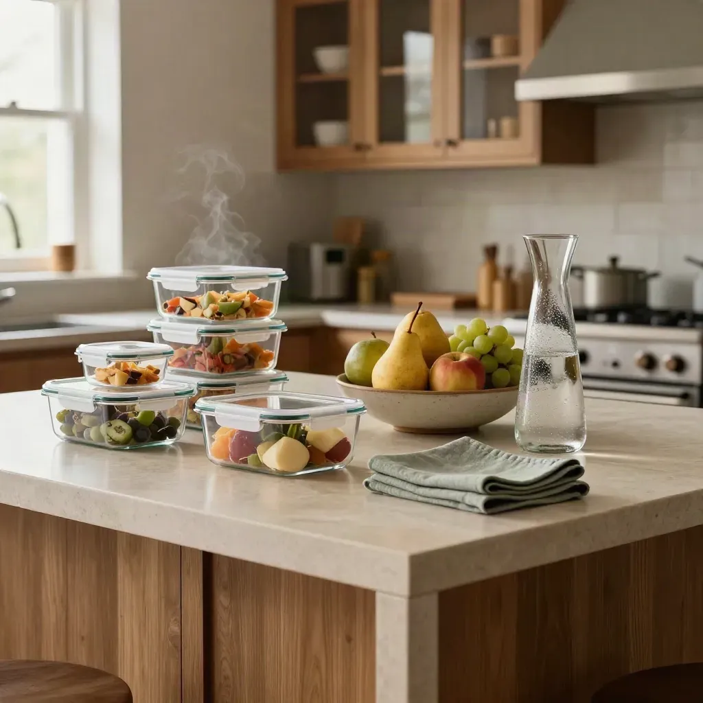 Shared kitchen meal prep on a long island with fruit, containers, carafe, and folded napkins.
