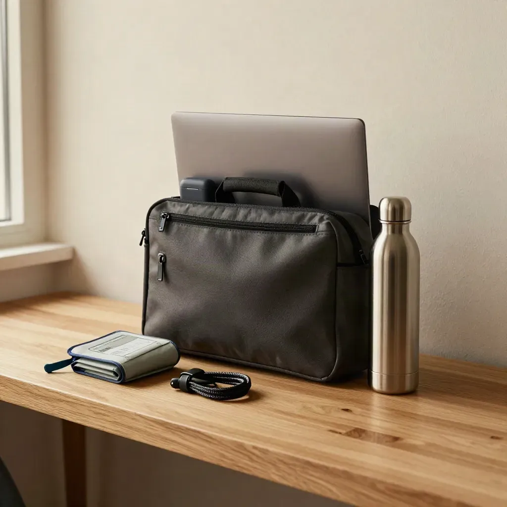 Packed health kit in a slim bag on an oak bench beside a bright wall