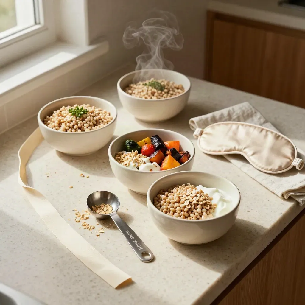 Meal-prep bowls, measuring spoons, resistance band and sleep mask on a travertine kitchen counter.