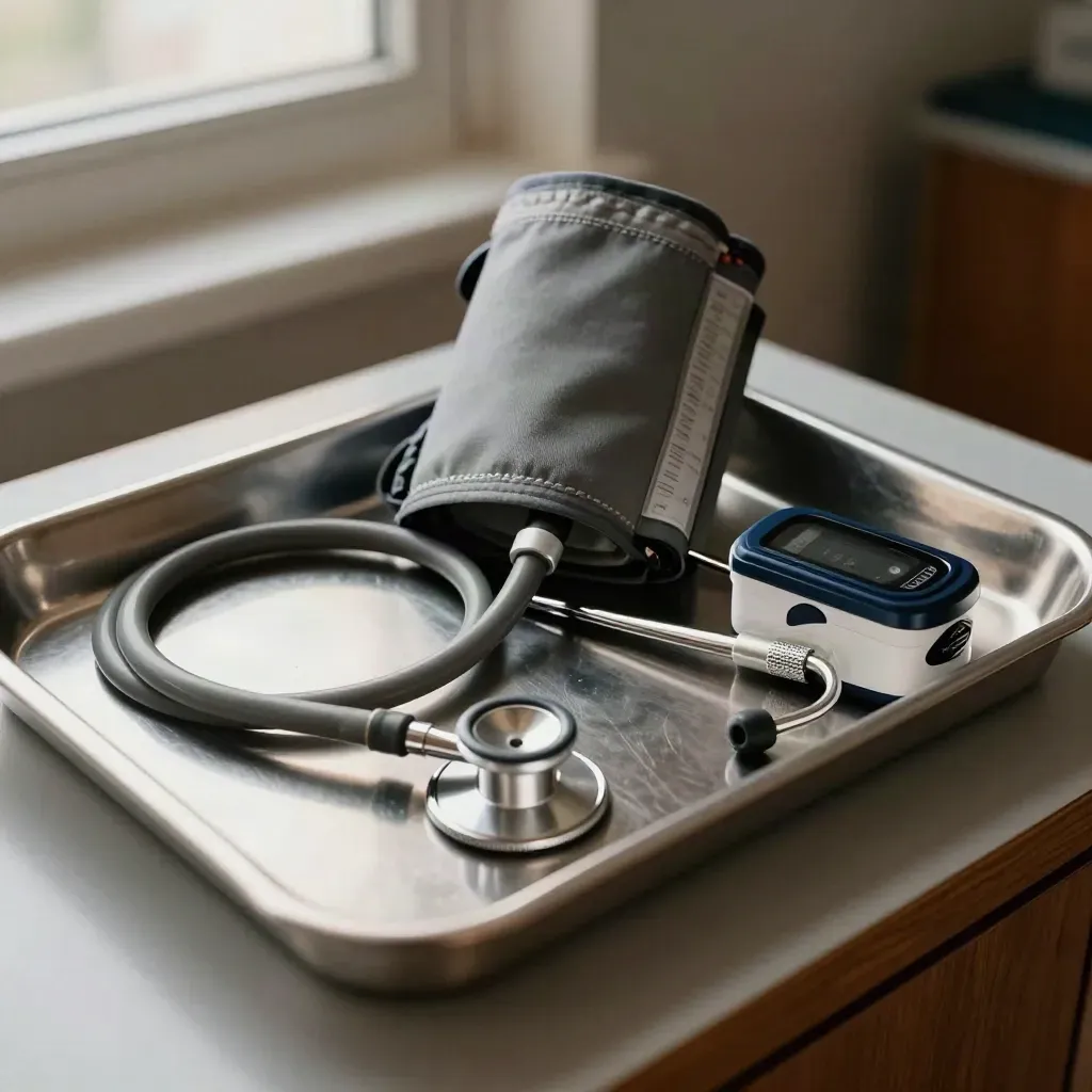 Macro of a stethoscope, blood pressure cuff, penlight and pulse oximeter on brushed steel