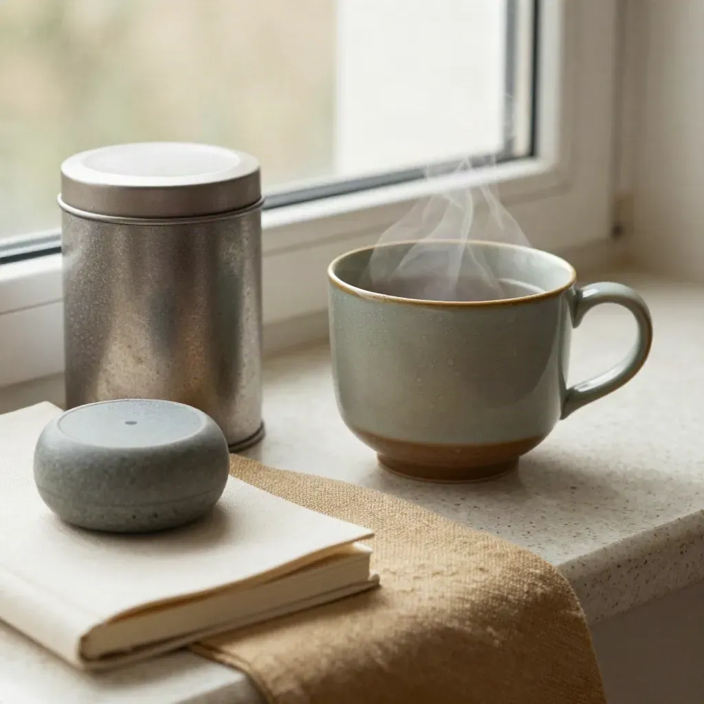 Tea tin, sage mug, meditation timer and linen notebook on travertine with steam in soft light.
