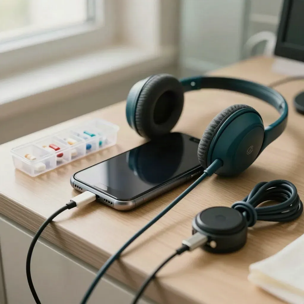 Care lead’s phone, headset, pill organiser and charger on a calm office surface.
