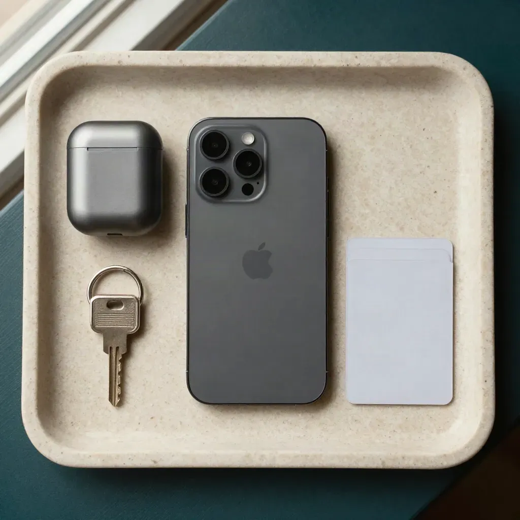 Top-down flatlay of phone, earbuds case, key ring and blank card holder on a pale tray.