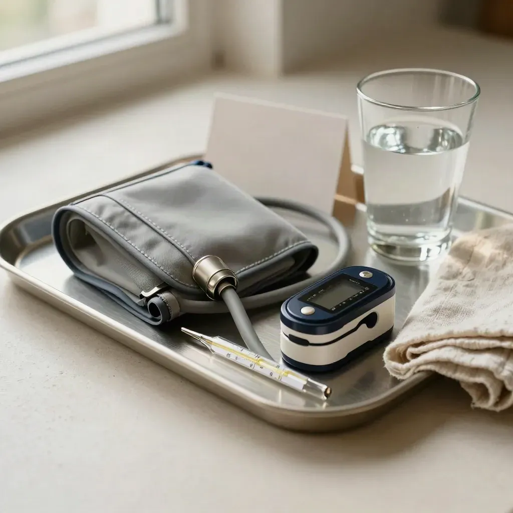 Blood pressure cuff, oximeter, thermometer and water on a brushed metal tray.