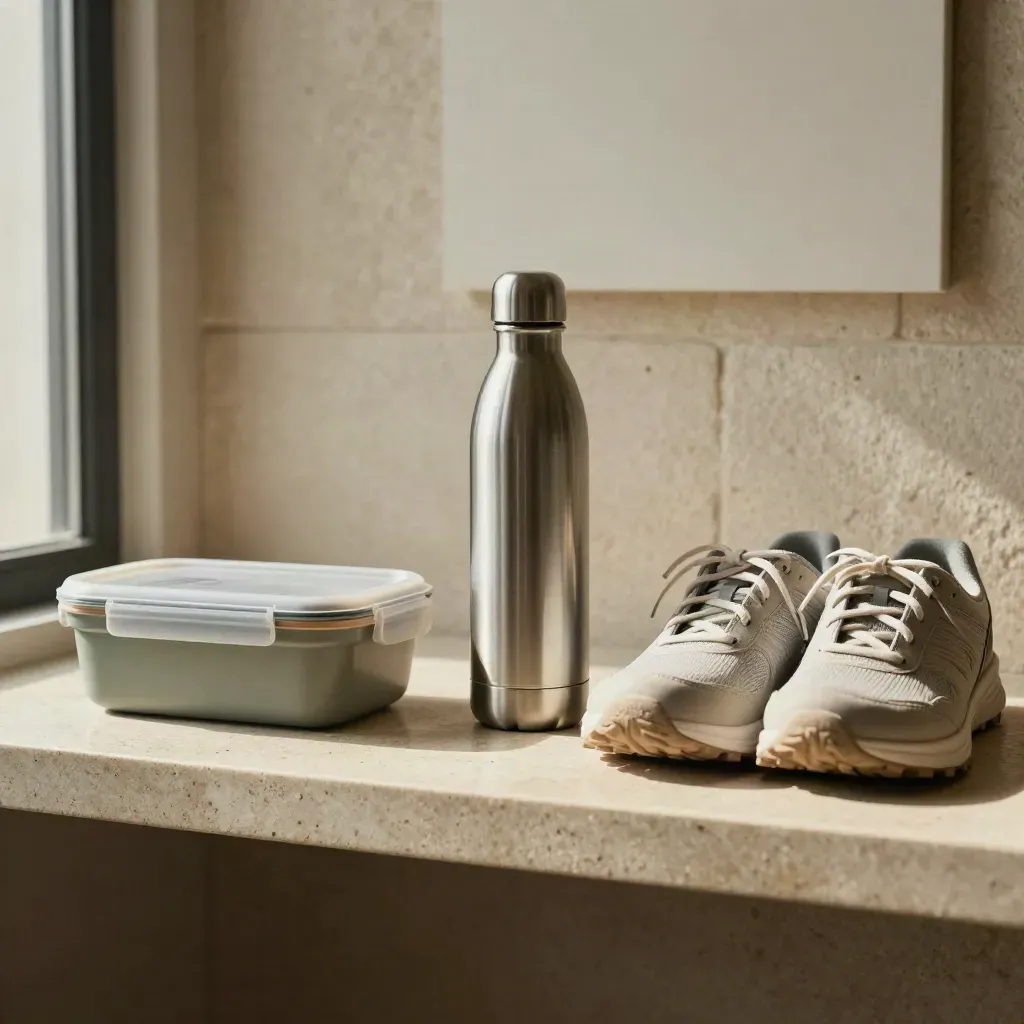 Pill caddy, meal container, water bottle and walking shoes on a limestone shelf.