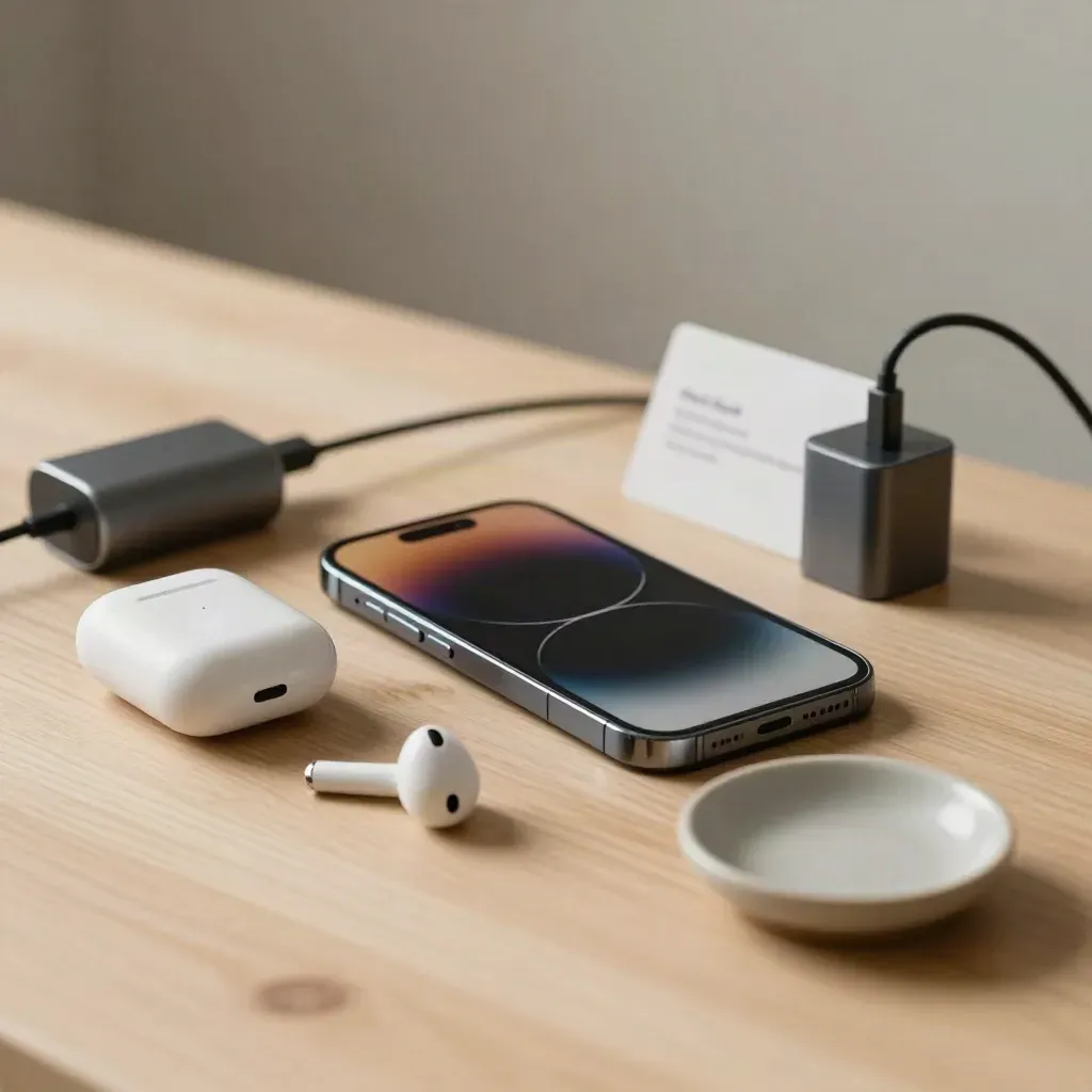 Docked phone, earbuds, charger and ceramic dish on pale wood with soft side light.