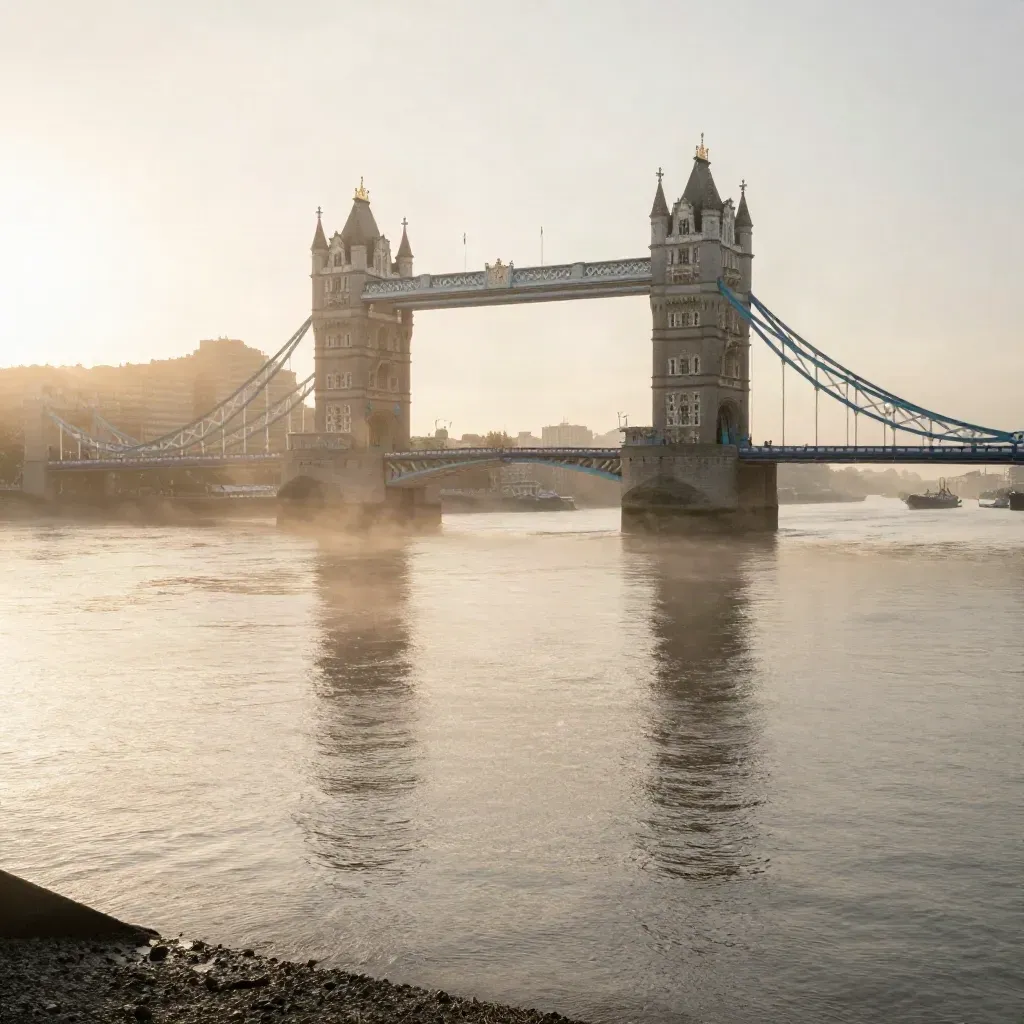Tower Bridge over the Thames at sunrise with mist and calm water space for copy.