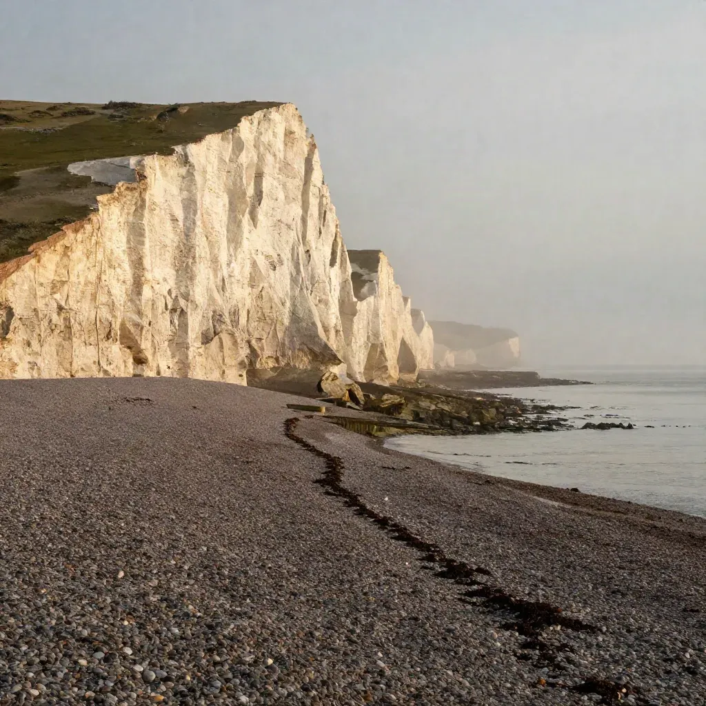 Kent chalk cliffs glowing at sunset above a calm shingle shore in sea haze.
