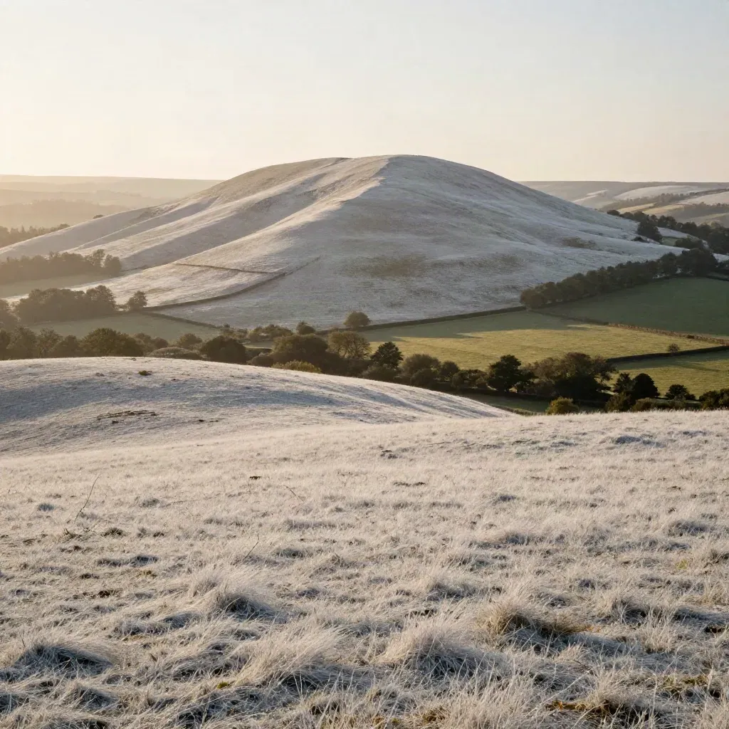 Sweeping Surrey Hills vista with chalk slopes, hedgerows and Box Hill in warm haze.