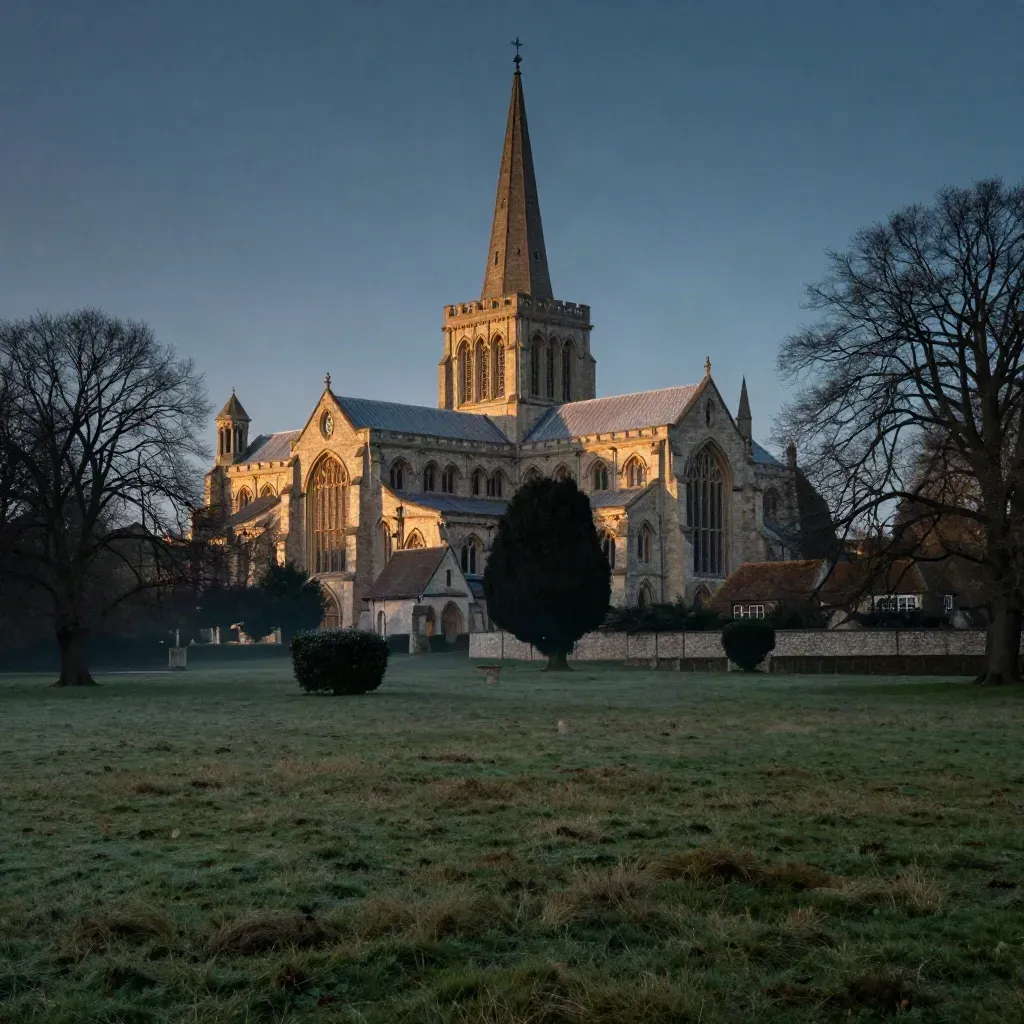 St Albans Cathedral above quiet meadow at blue hour, soft haze and calm copy space.